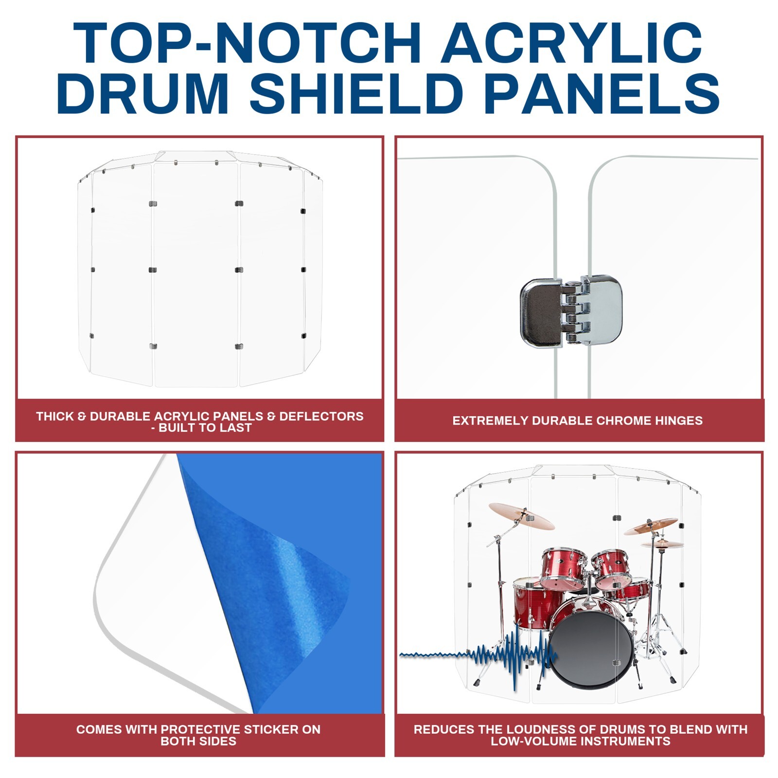 Drum Shield - 2 ft x 5.5 ft Drum Screen 5 Panels w/ Chrome Hinges and Deflectors
