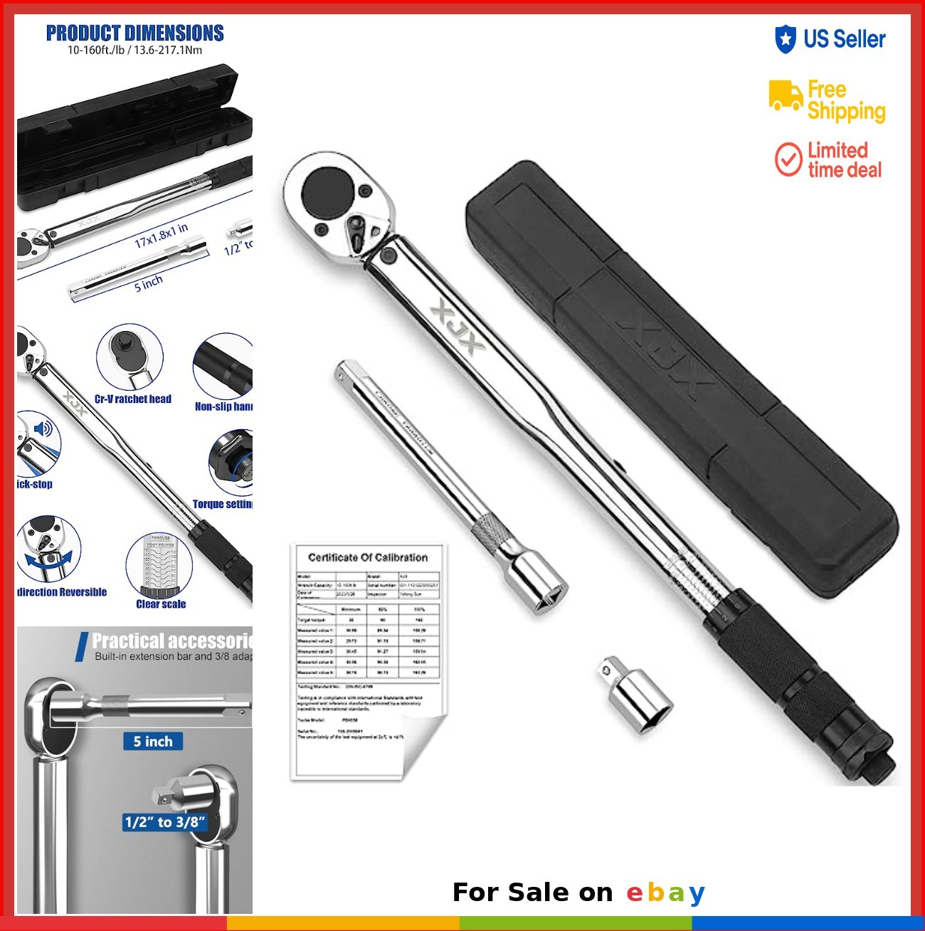 Torque Wrench Set 1/2 Inch Drive 10-160 FT-LB Click Dual Direction Ratchet with