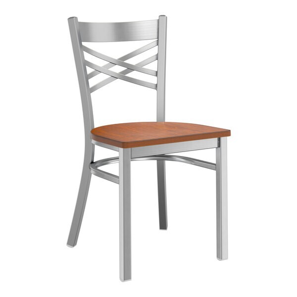 (10 PACK) Cross Back Clear Coat Metal Restaurant Chair With Walnut Wood Seat