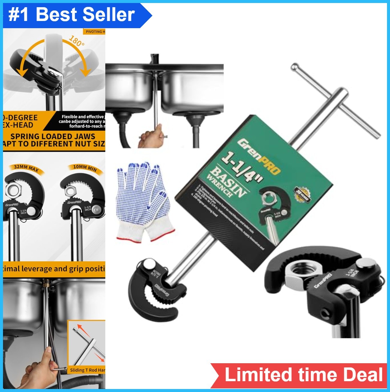 Basin Wrench 11 Inch Adjustable Faucet Sink 180 Swivel Head High Carbon Steel