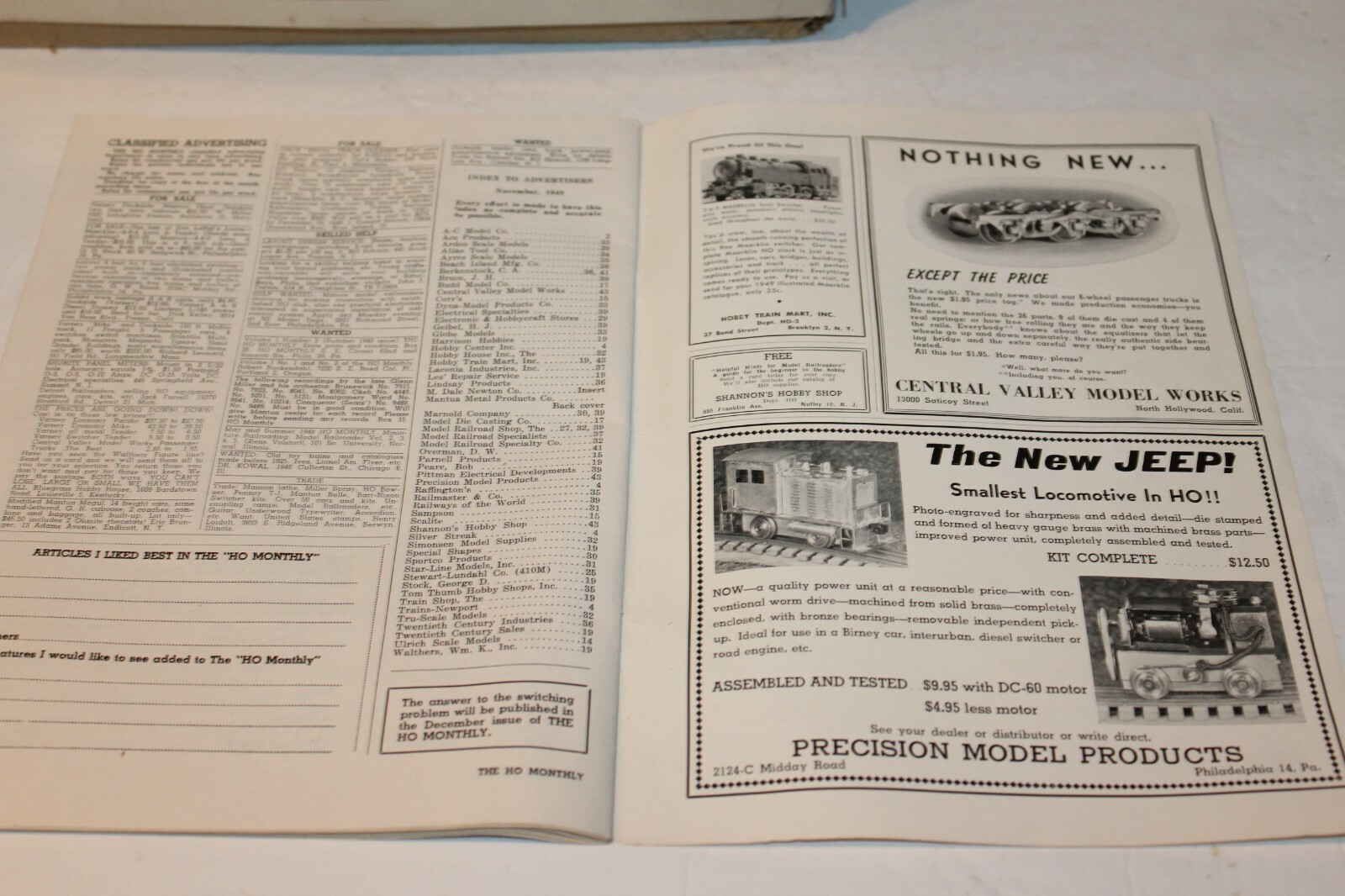 VINTAGE THE 'HO' MONTHLY MODEL RAILROAD MAGAZINE NOVEMBER 1949