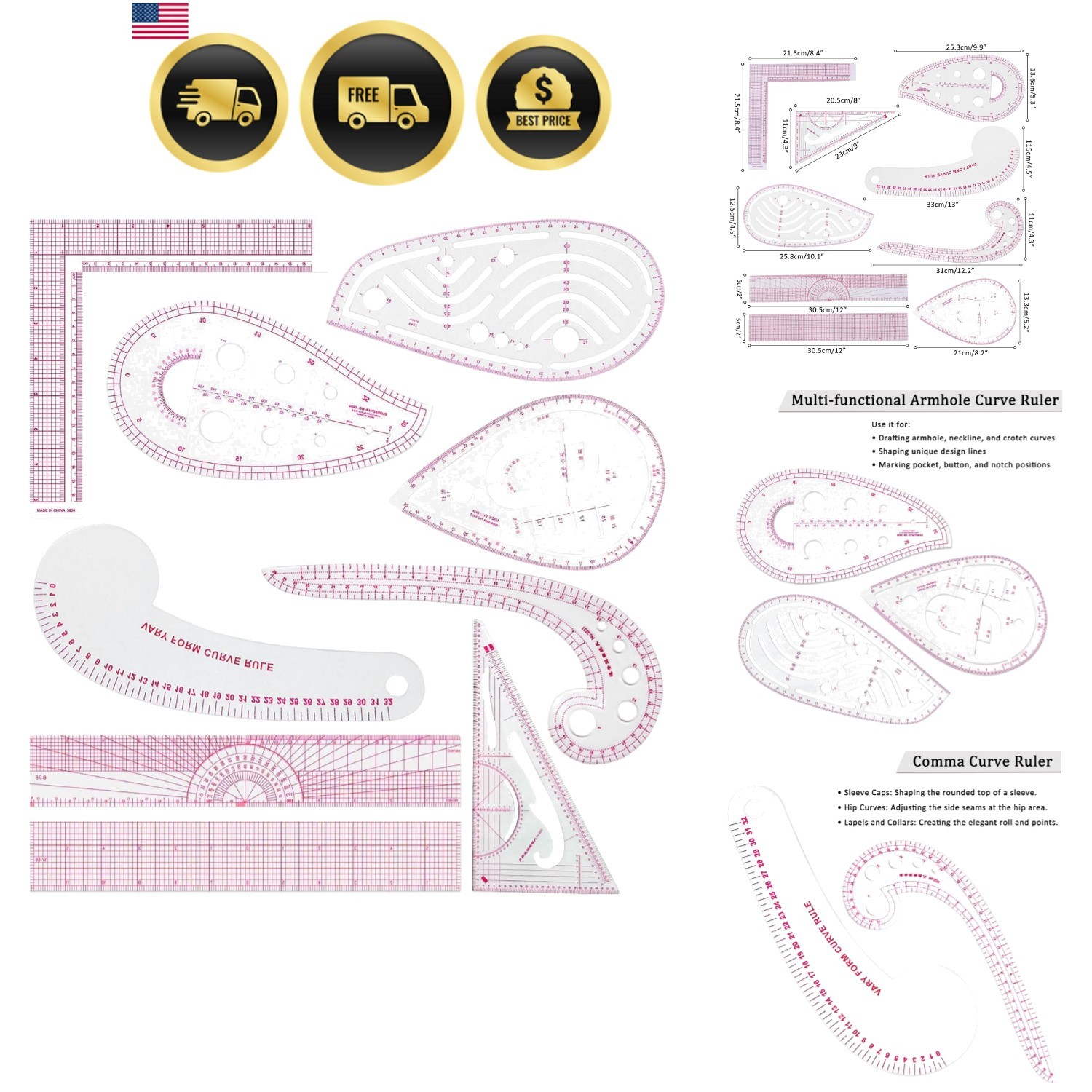 Fashion Clear Metric Sewing Ruler Set,French Curve Pattern Rulers for Beginne...