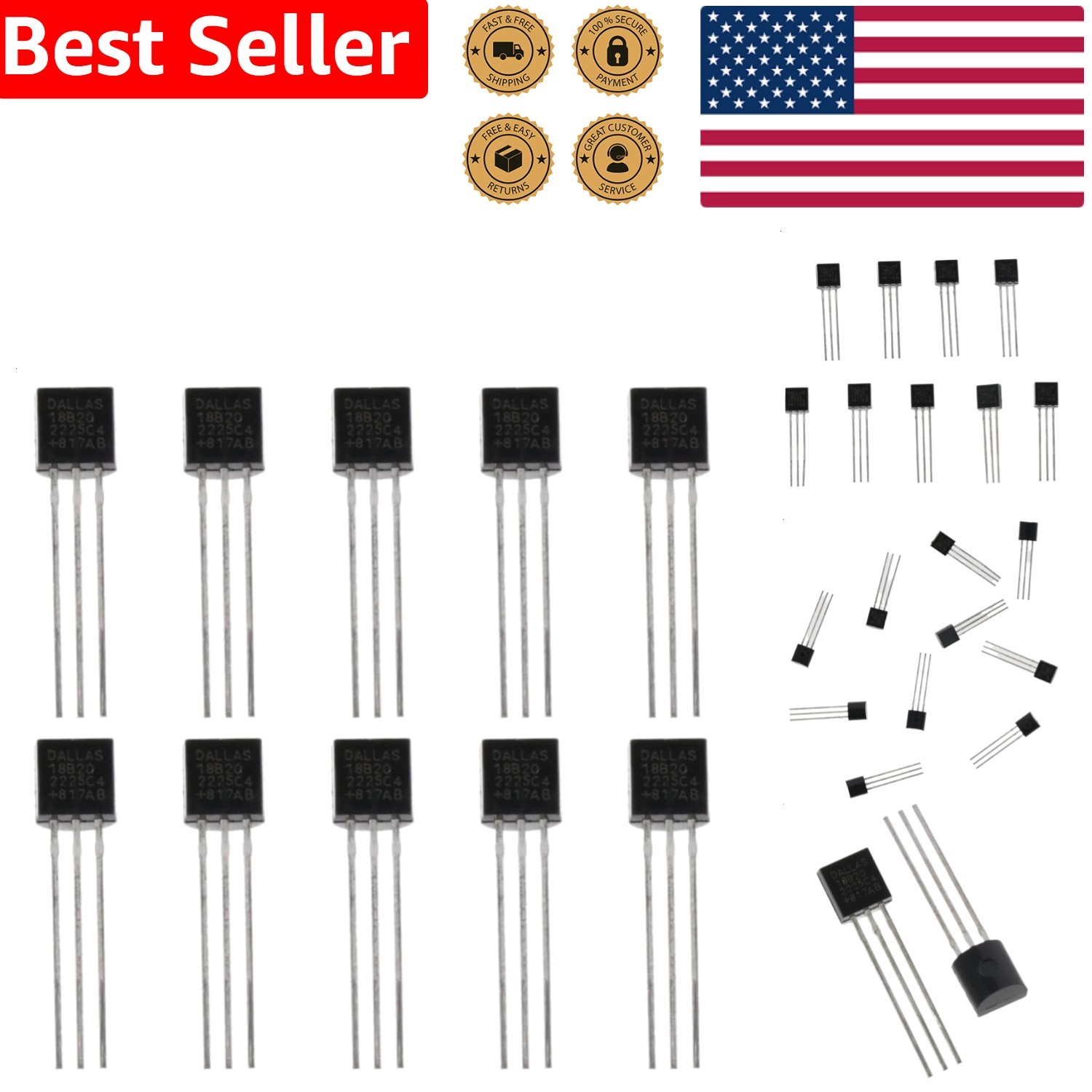 DS18B20 10-Pack TO-92 3-Wire Temperature Sensor IC Digital Thermometer Accurate