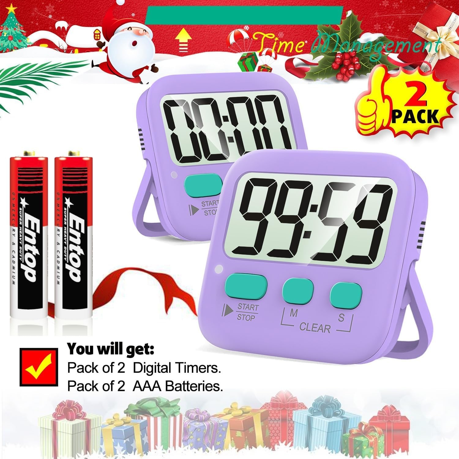 Digital Timer for Kids Kitchen Classroom Study Exercise Two Pack Purple