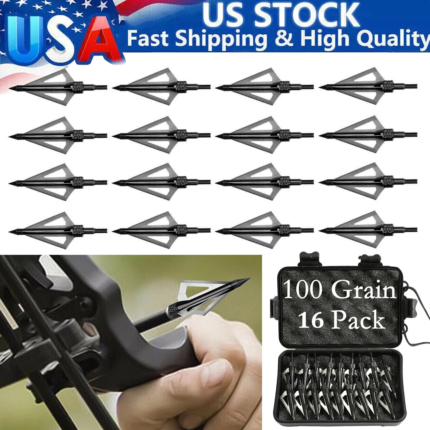 16Pcs Archery Broadheads 3Blade 100Grain Hunting Crossbow Compound Bow Arrow Tip