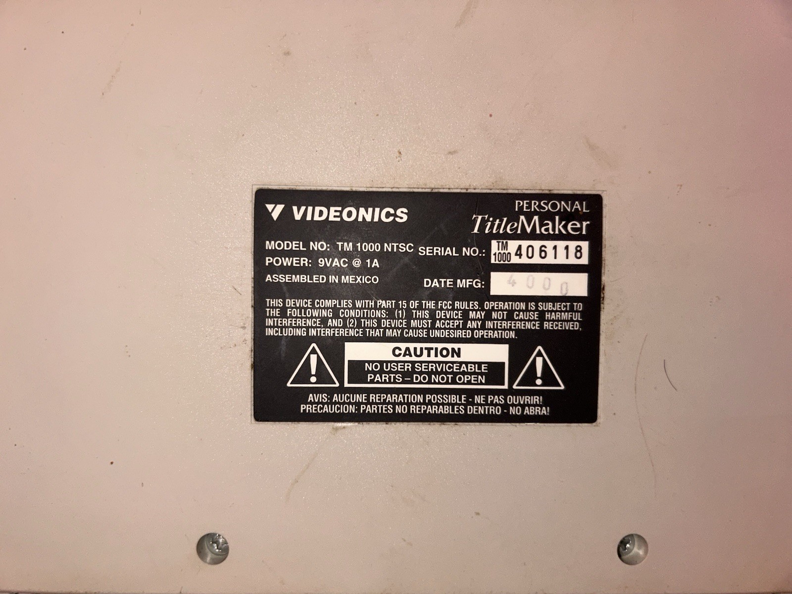 Videonics TM 1000 Personal Title Maker NTSC