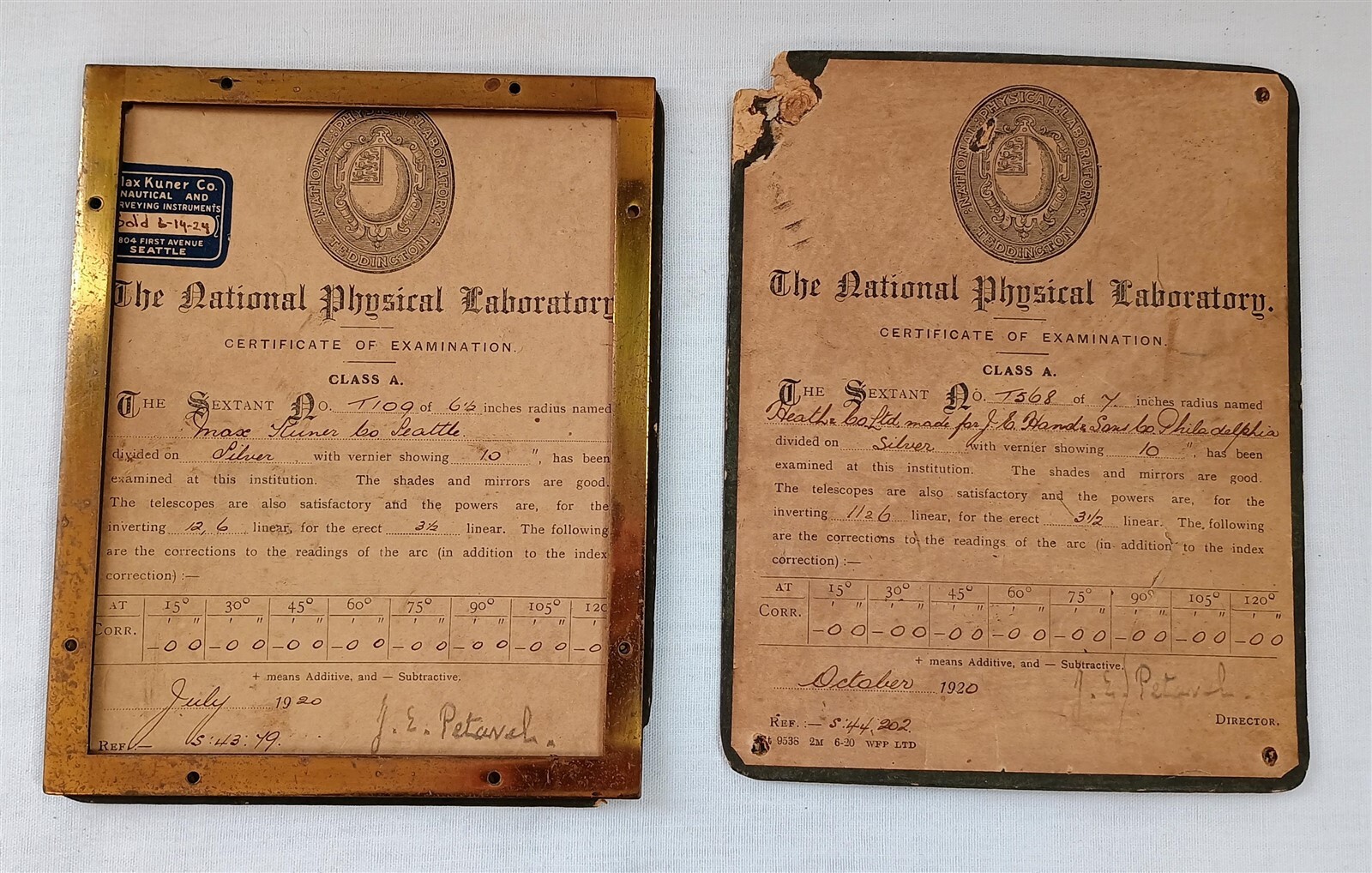 Vintage National Physical Laboratory Sextant Certificate Lot