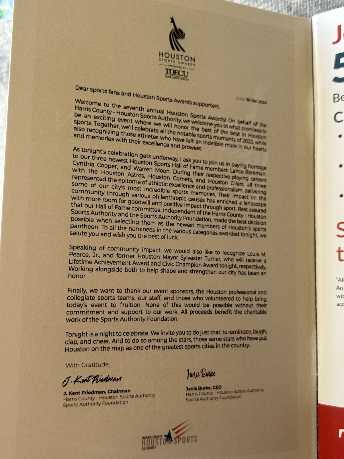 Houston Sports Awards 1/30/2024 Program.