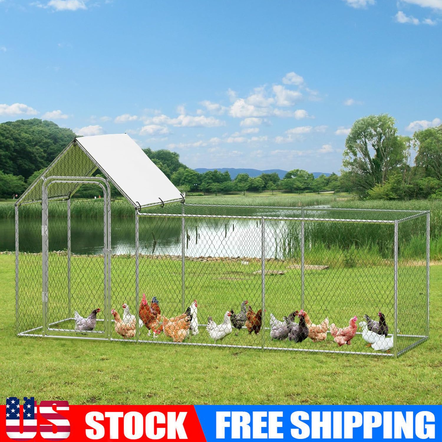 Walk-in Metal Chicken Coop Poultry Cage Pet House w/Chicken Run Cover 10x3.3x5FT