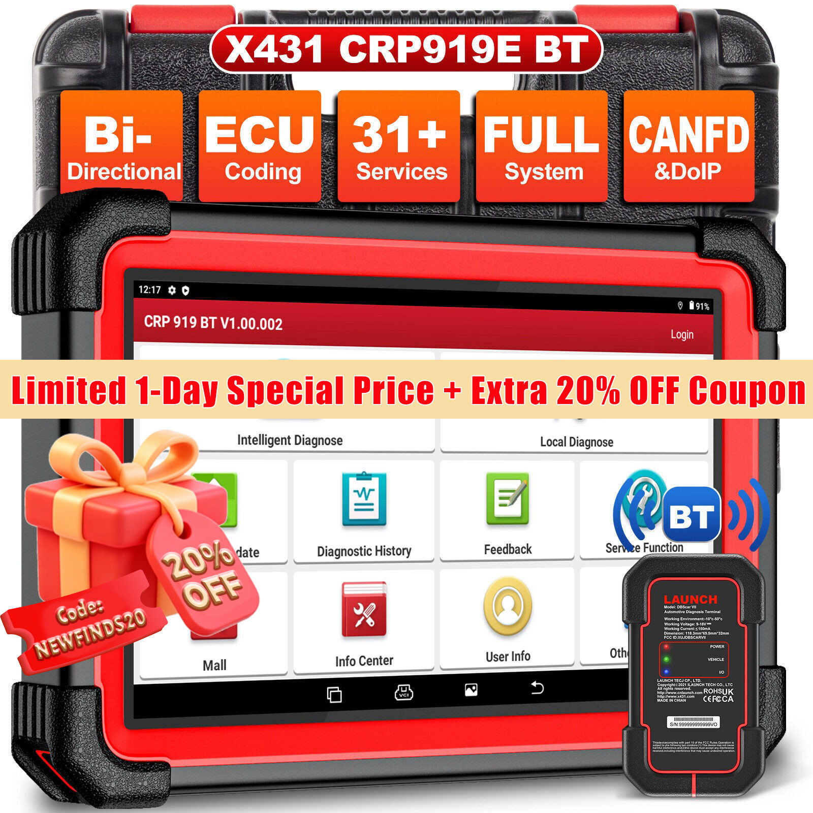 LAUNCH X431 CRP919 BT WIFI Bidirectional Car Diagnostic Scanner ECU Coding Tool
