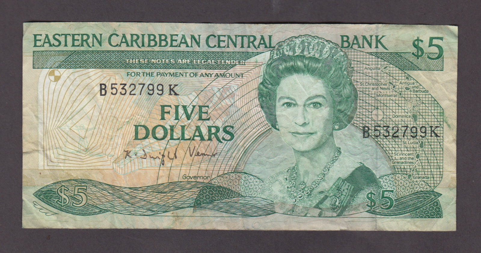 EAST EASTERN CARIBBEAN P.22K2  5 DOLLARS SIG 2 PFX B  QEII  FINE 2211