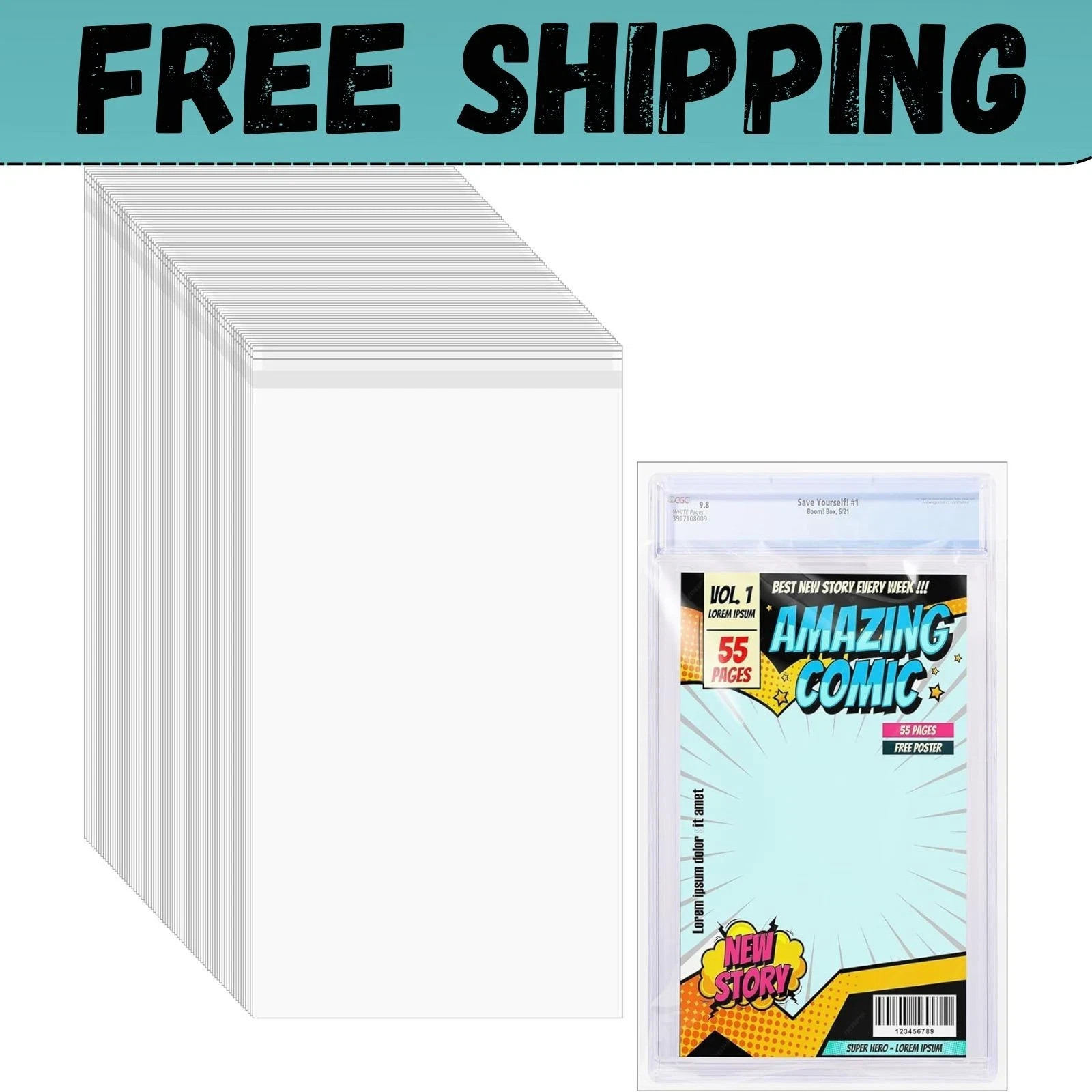 50 Pcs Resealable Graded Comic Book Bags,Clear Plastic Comic Sleeves for CGC and