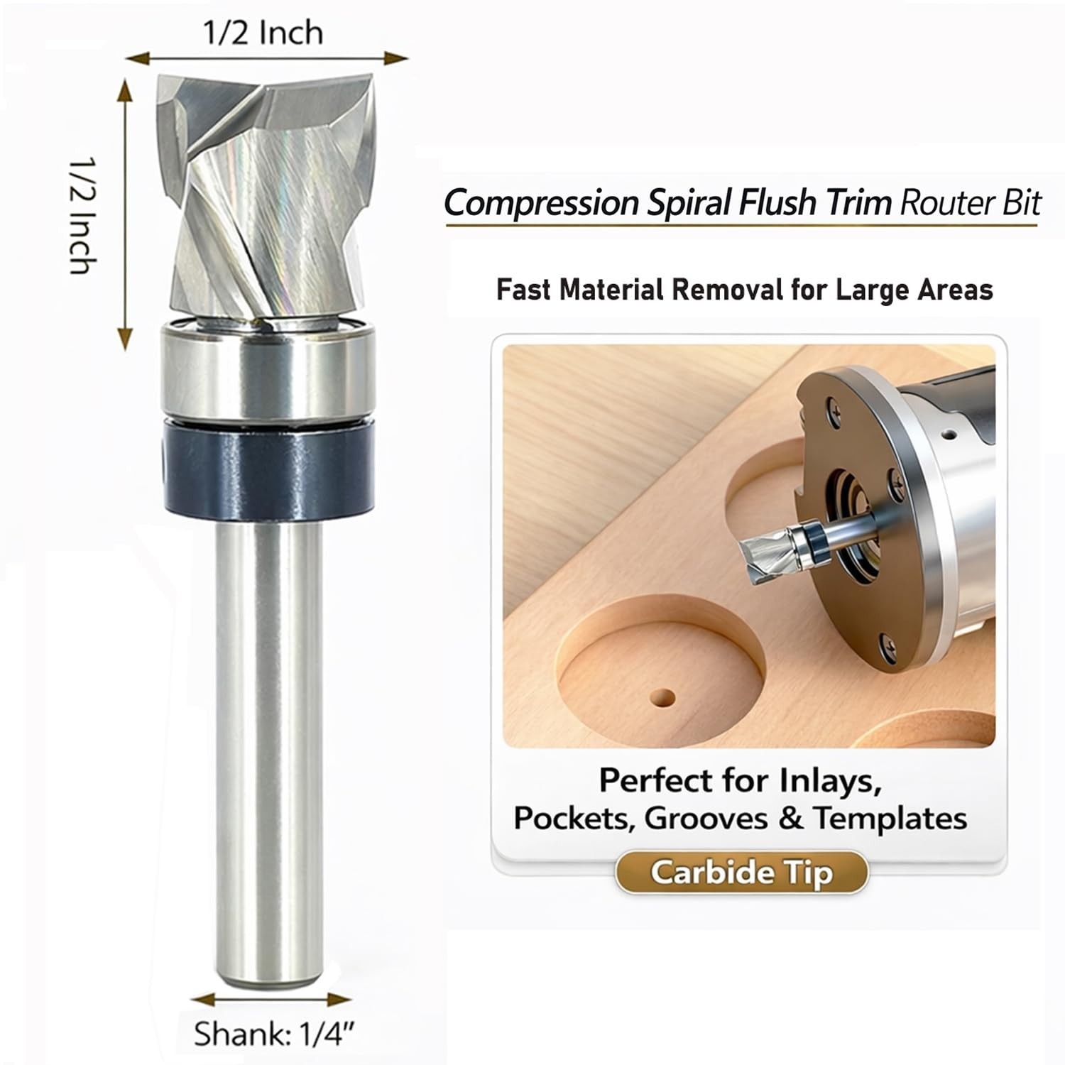 Solid Carbide Compression Flush Trim Router Bit 1/4 Shank, 2+2 Flute, 1/2" Di...