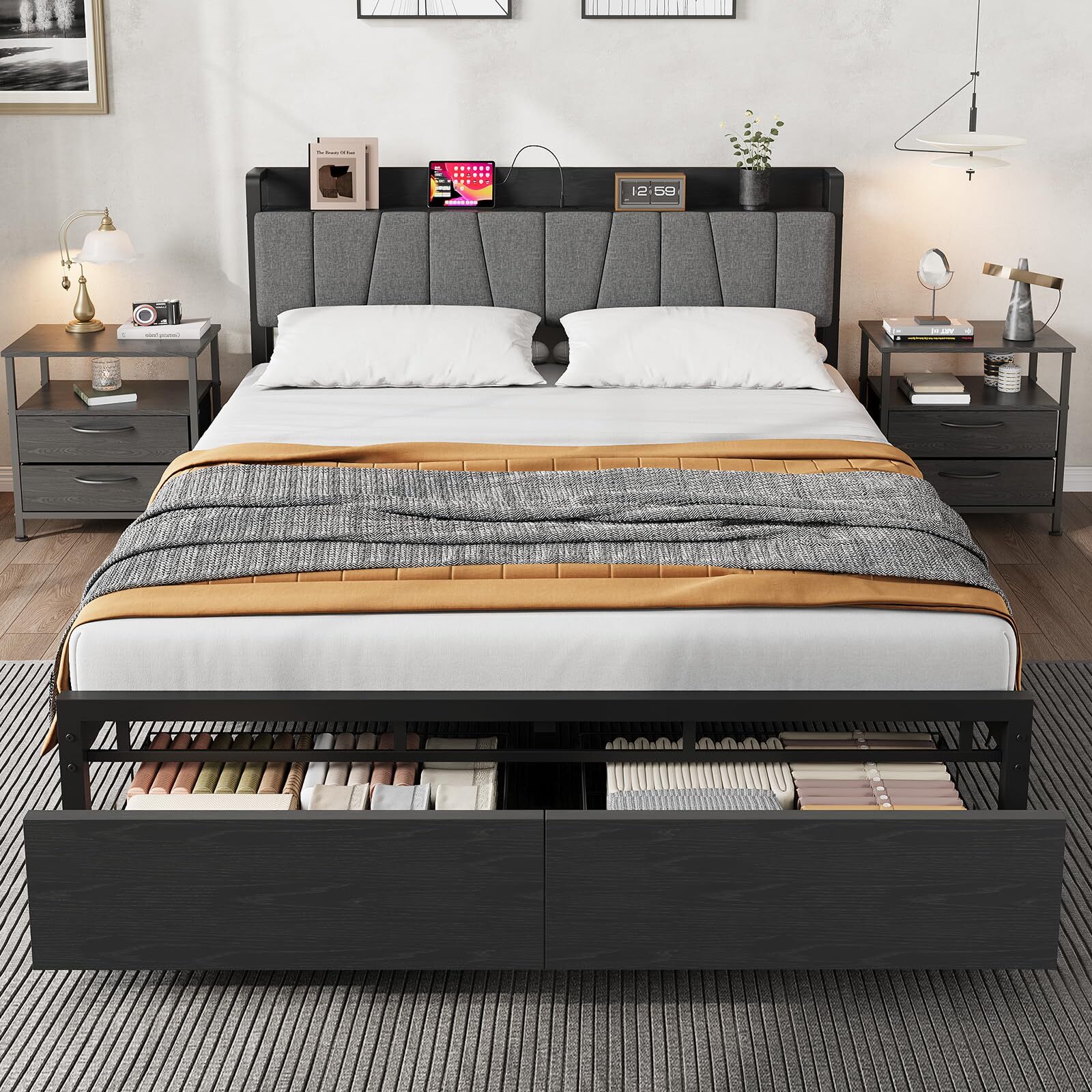 ☑️Full/King Bed Frame with Storage Headboard with 2 Large Drawers and Charge