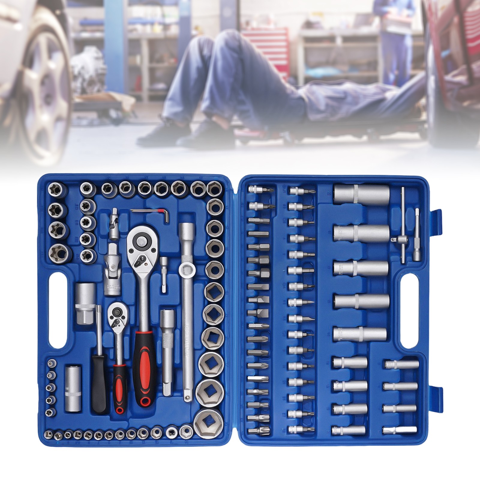 Ratchet Wrench Mechanics Tools Kit Metric 1/4 And 1/2 Drive Socket Set 108Pcs