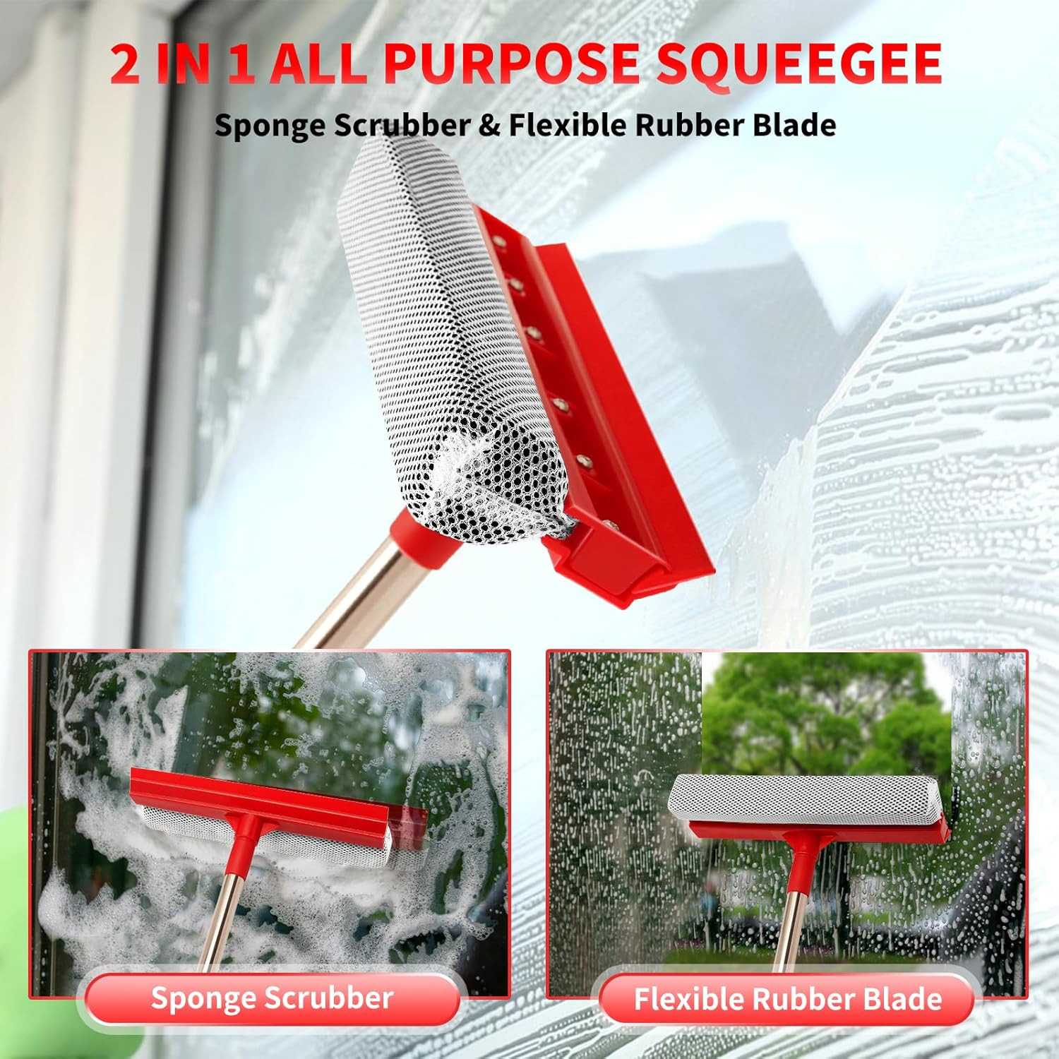 Window Squeegee with 18.5"-28.5" Retractable Handle, 2-In-1 Squeegee for Window