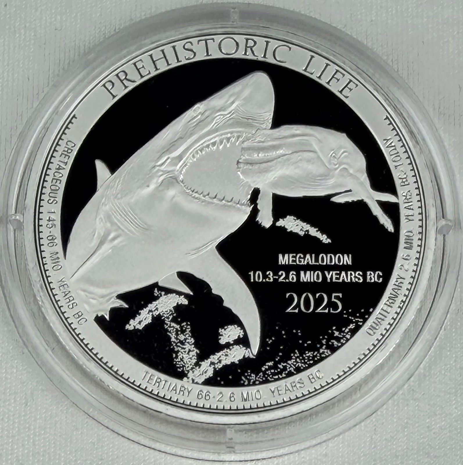 2025 Congo Prehistoric Life Megalodon BU 1 oz .9999 Silver Coin in Capsule