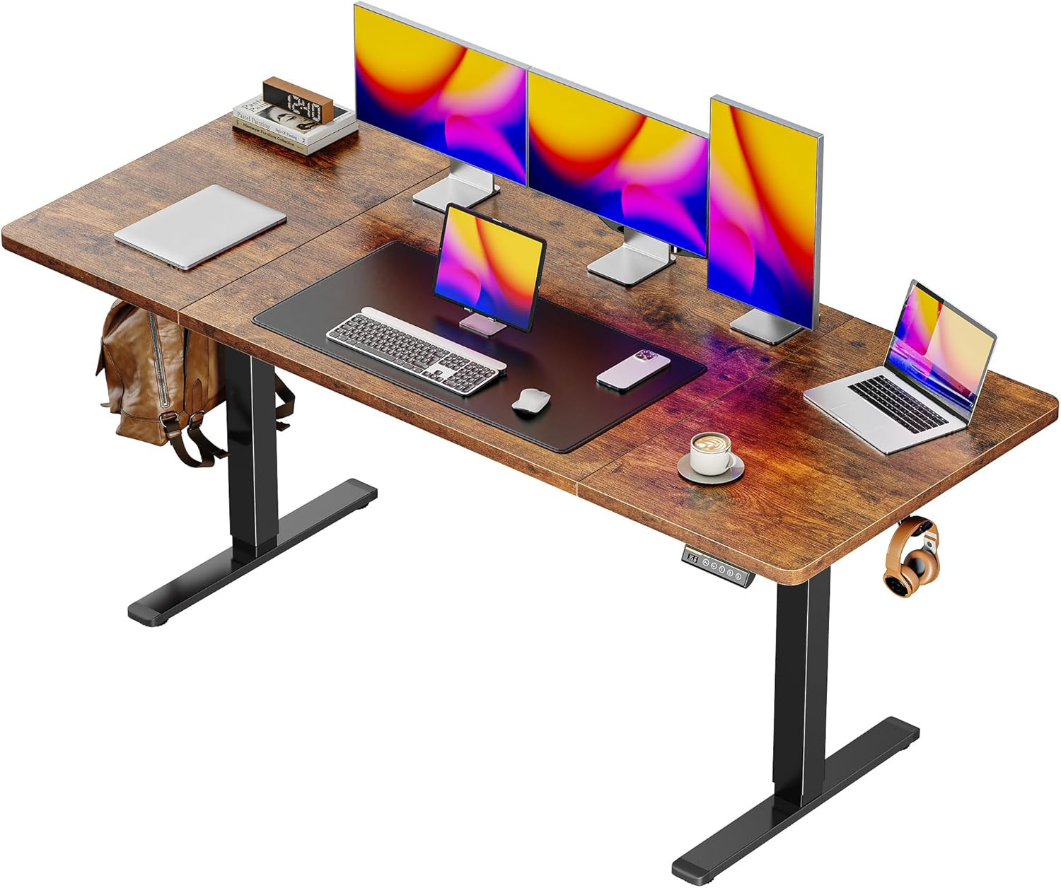 Large Height Adjustable Electric Standing Desk - Rustic Brown Finish