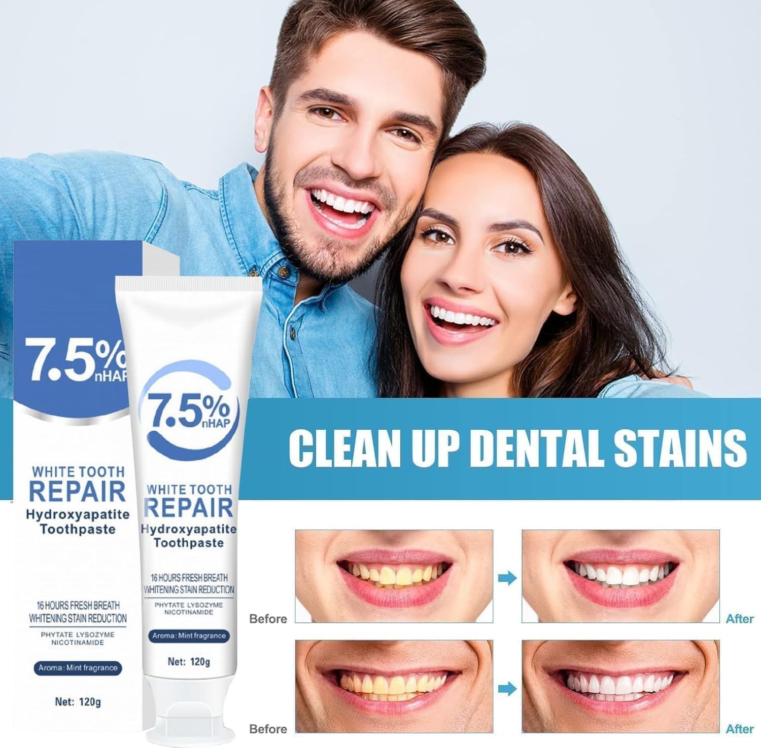 2 Pasta dental con 7.5% Nano Hidroxiapatita, sin flúor, 4oz, blanqueadora