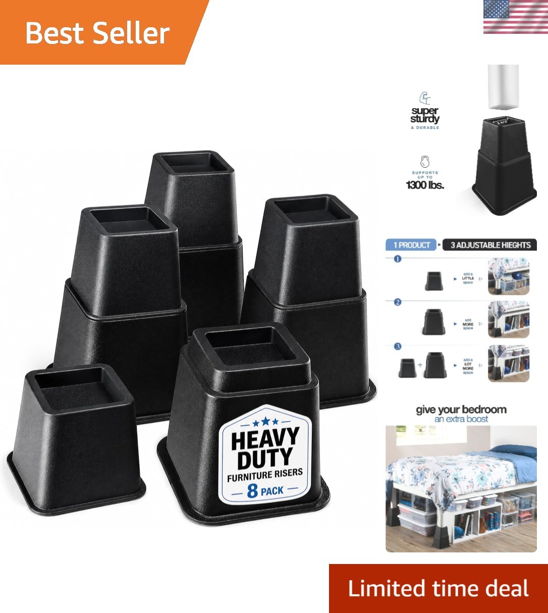 Adjustable Bed Risers - Elevation in 3, 5 or 8 Inch - Heavy Duty Stackable Fu...