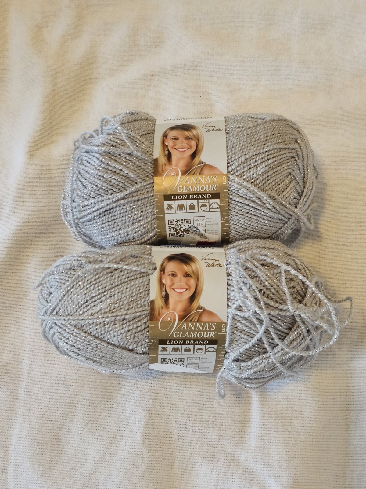 Lot 2 Skeins Lion Brand Vanna’s Glamour #2 Sport Yarn #150  PLATINUM 202 yd/ea