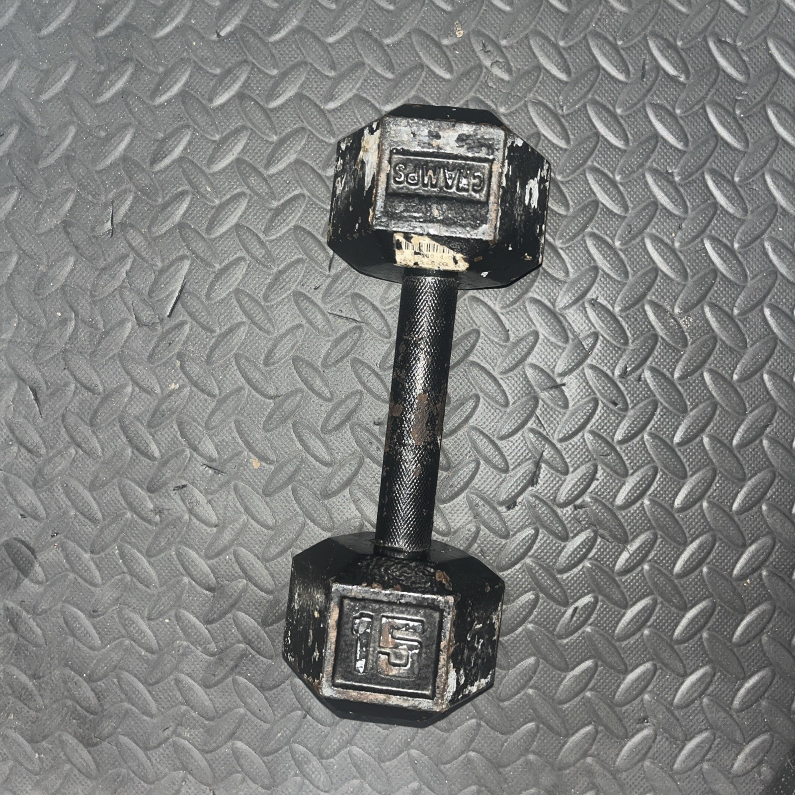 Vintage 15lbs Cast Iron Dumbbell Hex Style Has Some Ware 1 Single Champs Dumbell
