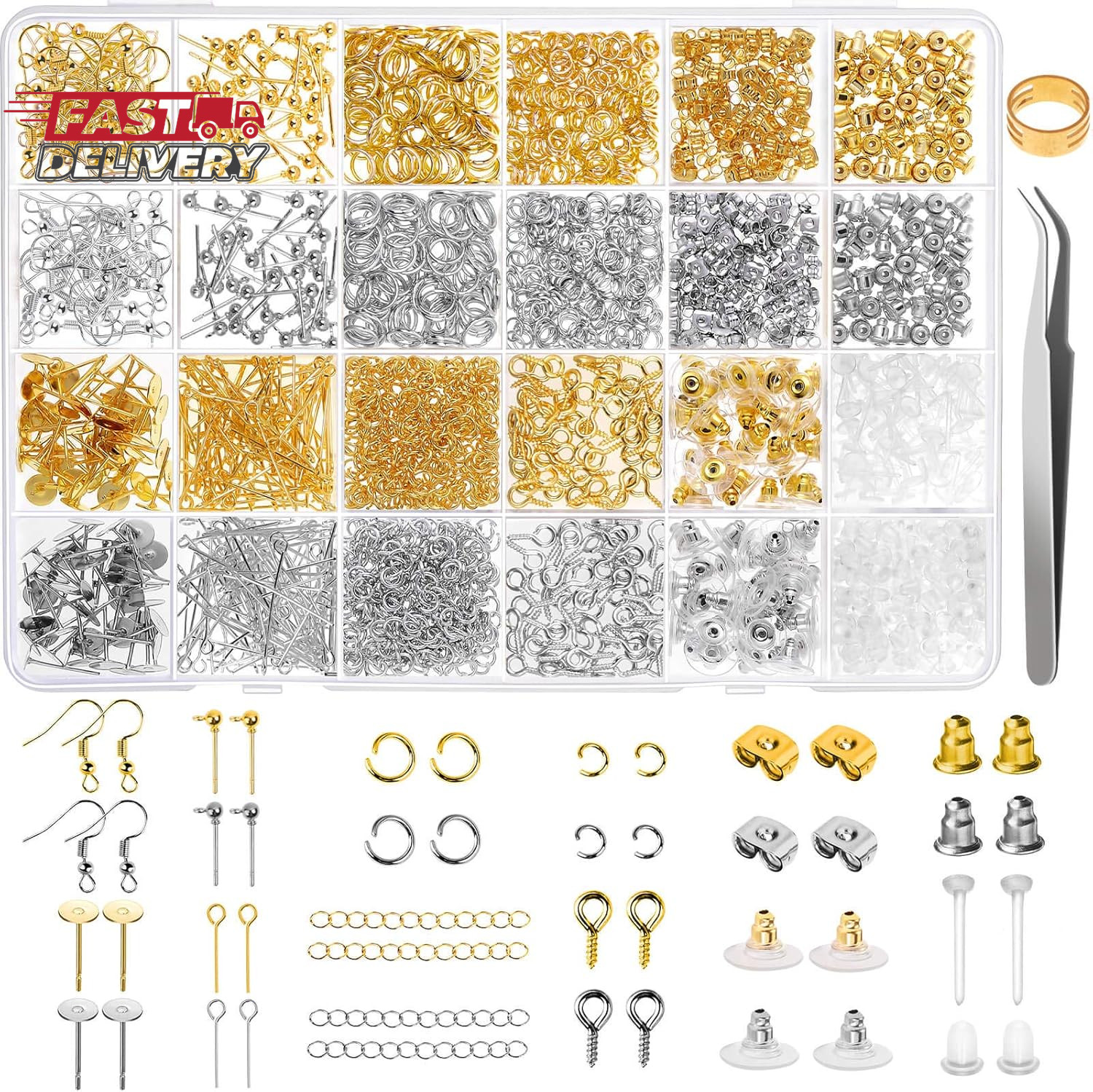 Earring Making Supplies Kit, Caffox 2900Pcs Earring Hardware Pieces Repair Parts