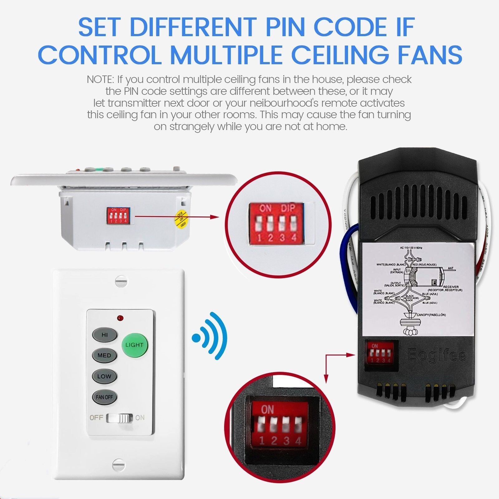 Ceiling Fan Wall Remote Control UC9050T 4DIP Switch For Harbor Breeze Hampton