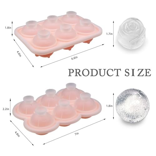 2 Pack Silicone Ice Cube Trays, Pink Rose Ice Cube Mold, Large rose&round