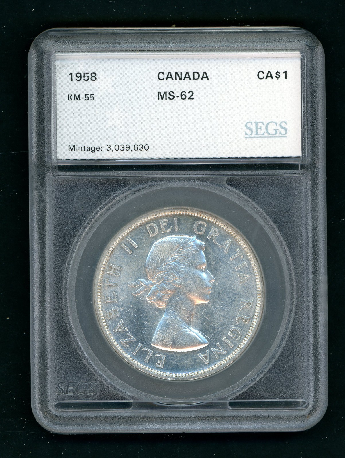 CANADA BRITISH COLUMBIA 1 DOLLAR 1958 SILVER COIN KM # 55 (0.600oz) AS SHOWN
