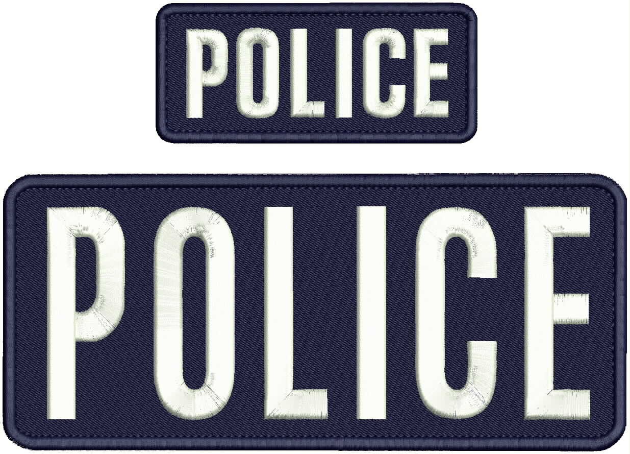 Police embroidery patches 4x10 and 2x5 hook on back white on navy blue