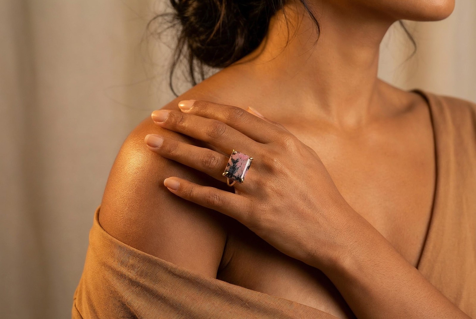 Rhodonite Rectangle Ring Anemone 14k Gold Emerald Cut Double Band