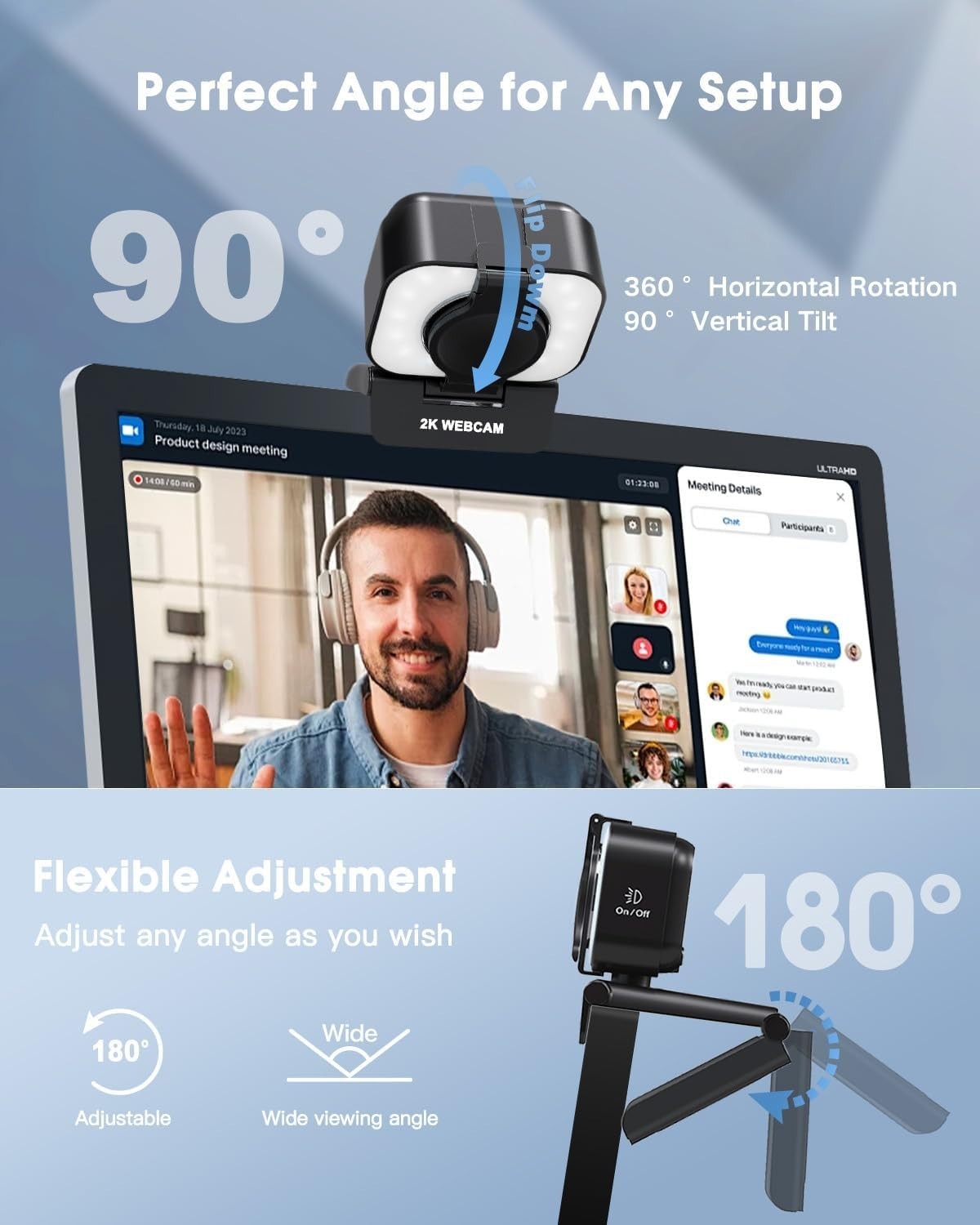 2K Webcam for PC, Web Camera with Microphone, Light, Privacy Cover, Plug and ...