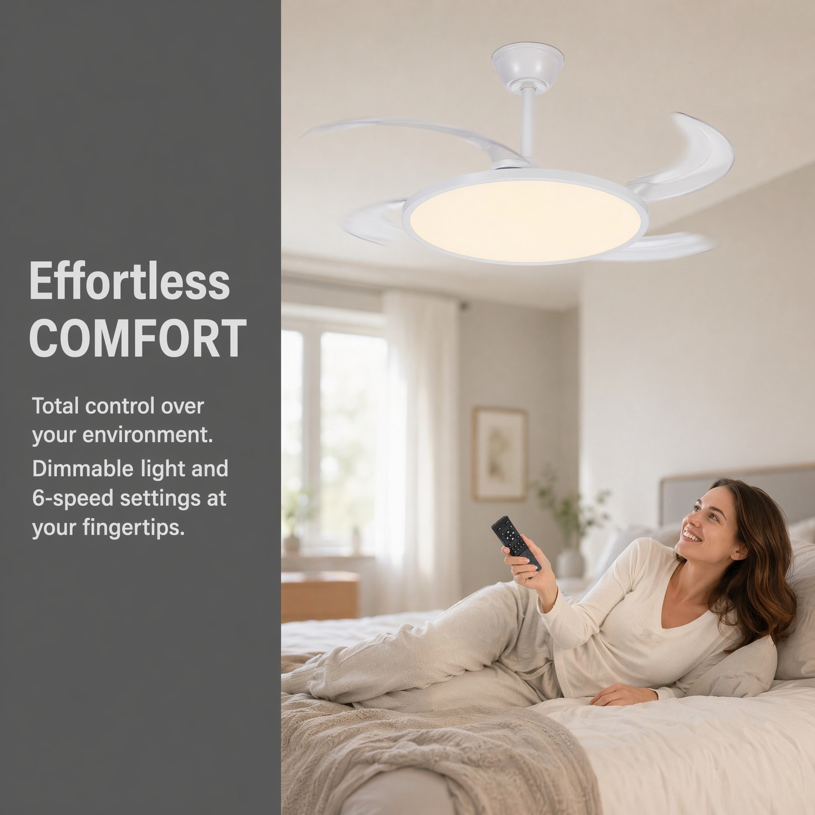 42 inch White Low Profile Retractable LED Ceiling Fan Remote Control with Light