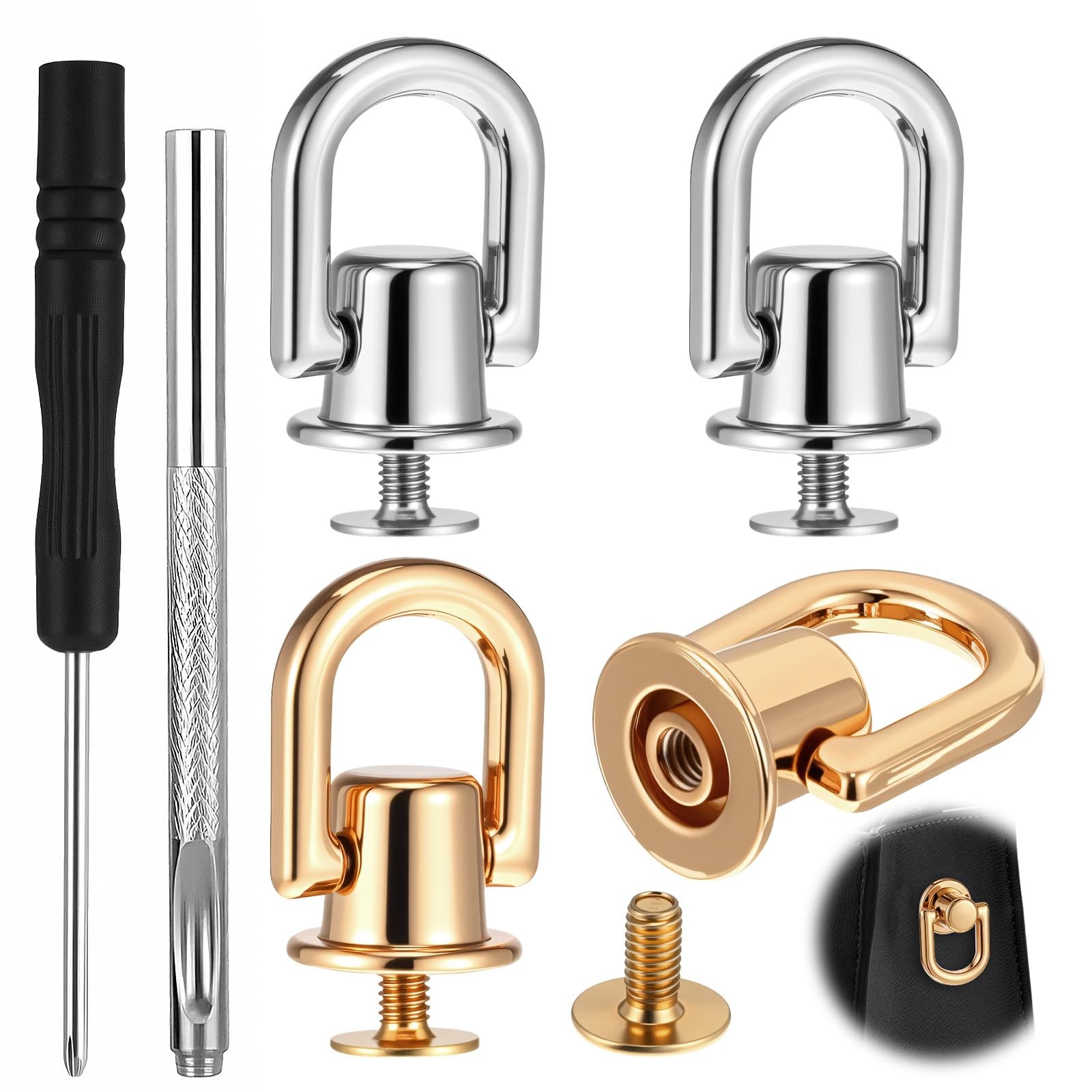 4PCS D Rings for Purse, 360 Degree Rotatable D Ring Stud Screw Ball Studs Riv...