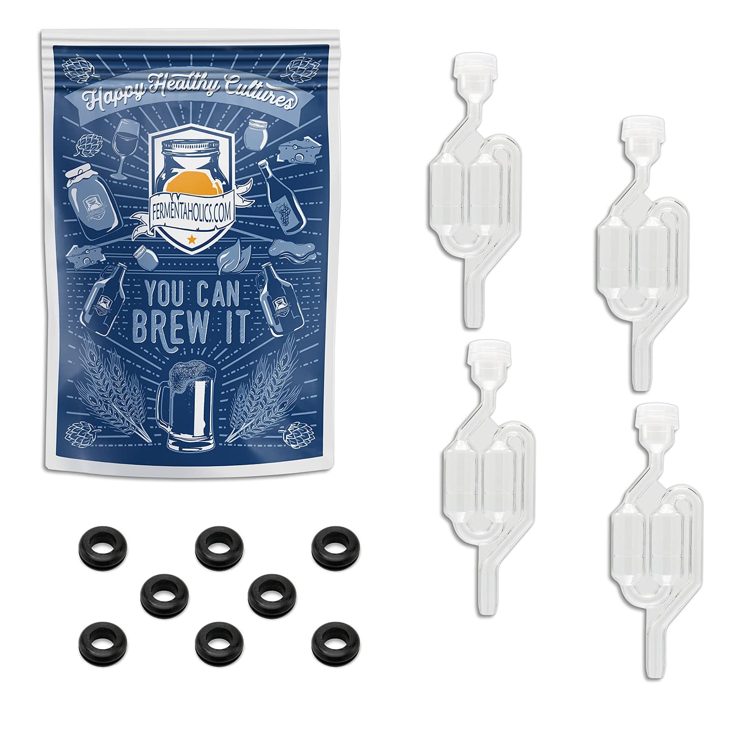 Airlocks With Grommets Set – 4 Airlocks and 8 Grommets for Homemade Wine, Bee...