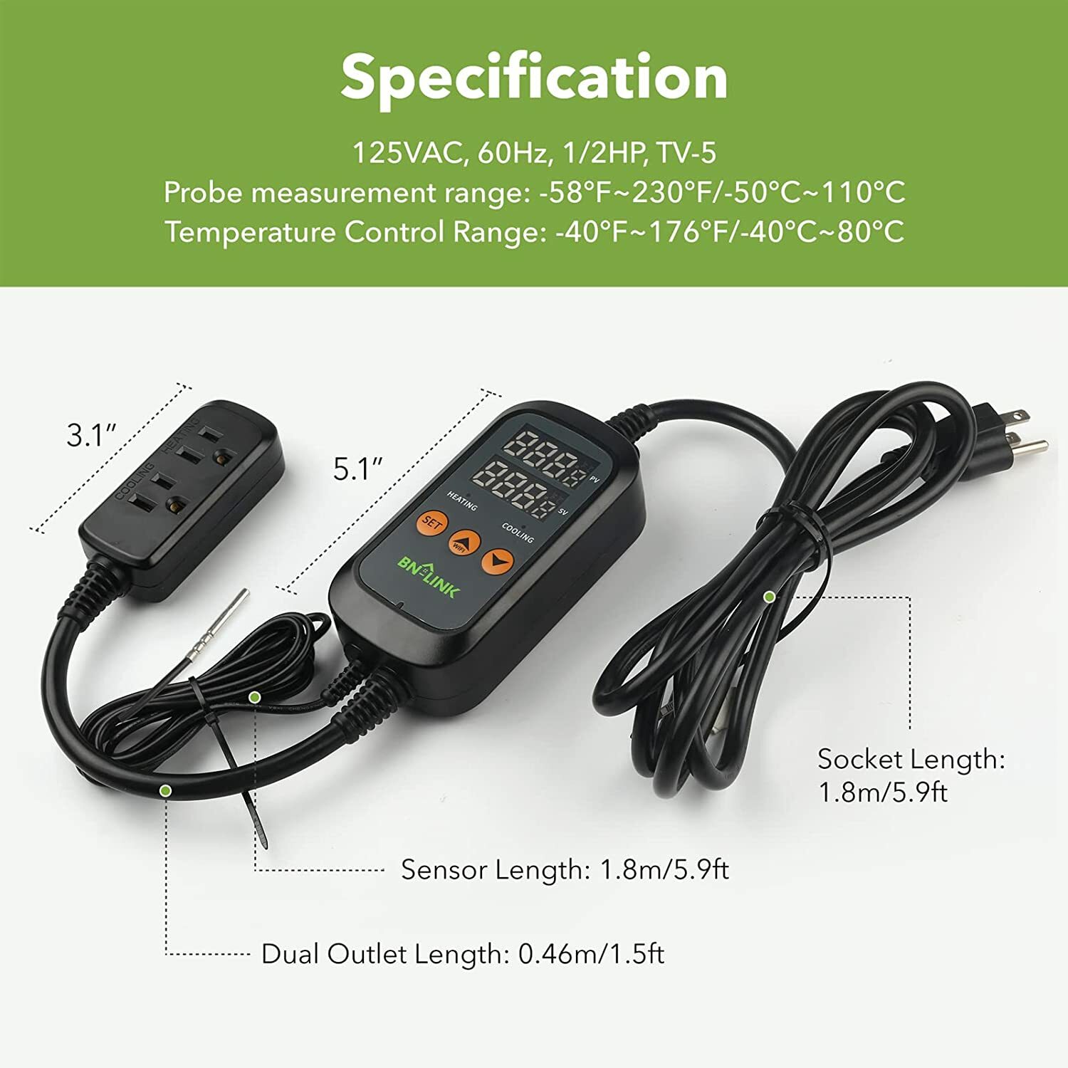 BN-LINK Smart WiFi Digital Temperature Controller Heating Cooling Dual Output