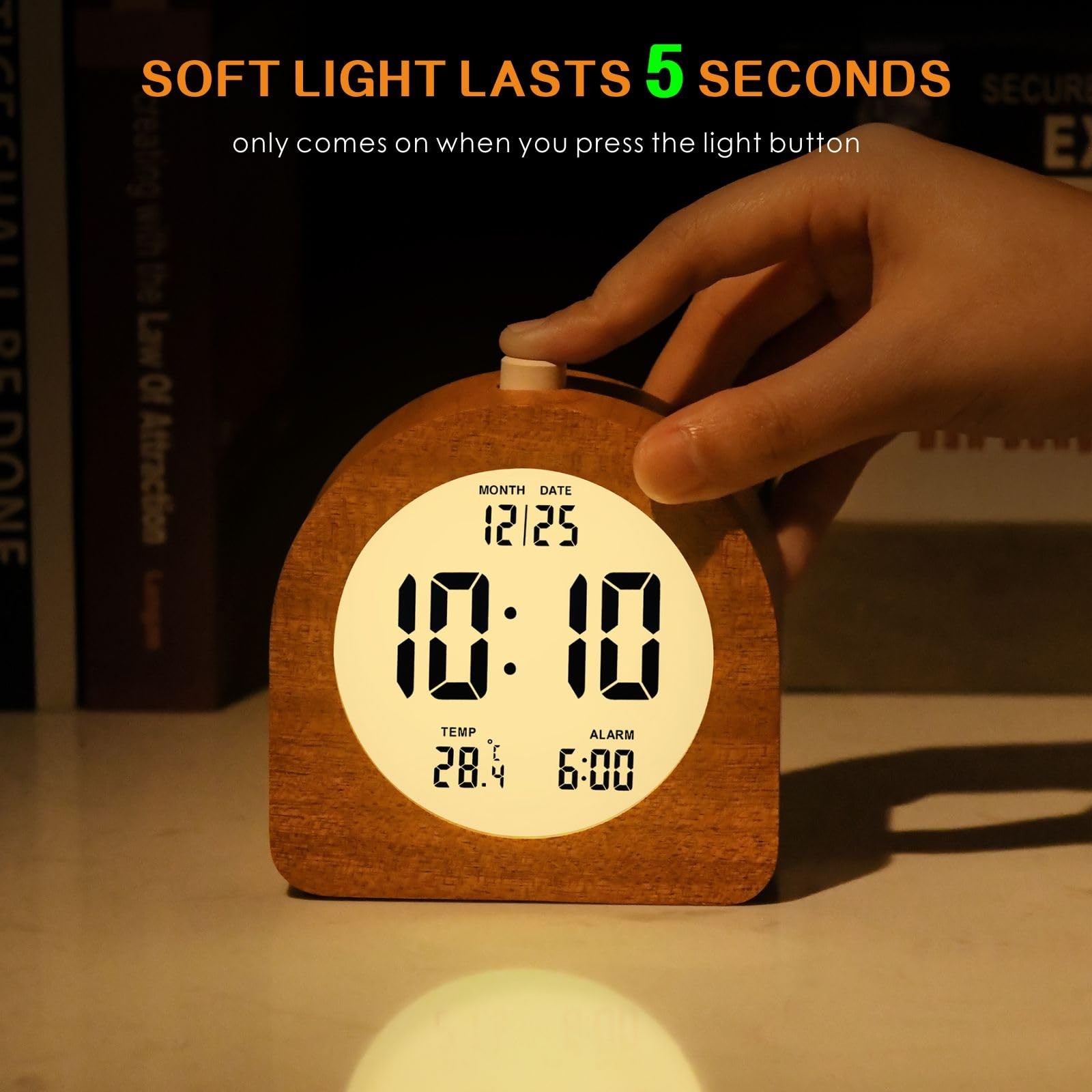 Wooden Digital Alarm Clock for Bedrooms, Wood 4'' Battery Powered Alarm Clock...