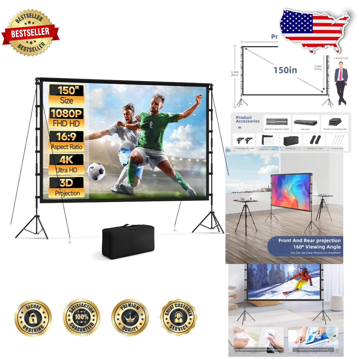150" 4K HD Projector Screen w/ Stable Tripod Stand Anti-Wrinkle