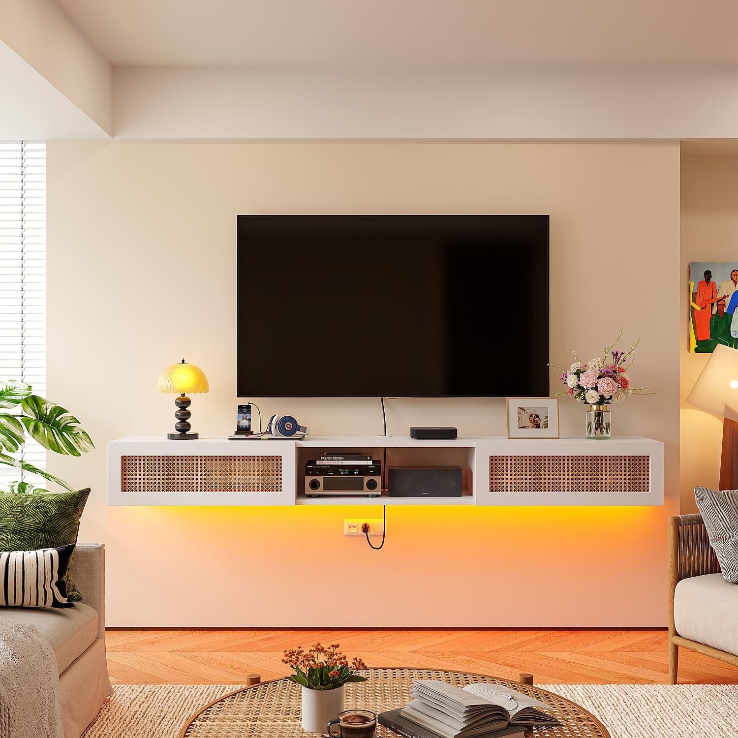 FurniNova 47" Floating TV Stand with Natural Rattan Doors, Boho Wall Mounted ...