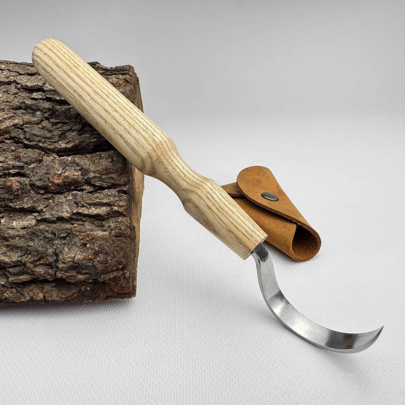 Long Hook Knife – Hand-Forged 52100 Steel, Ash Handle, Sheath, For Spoon Work