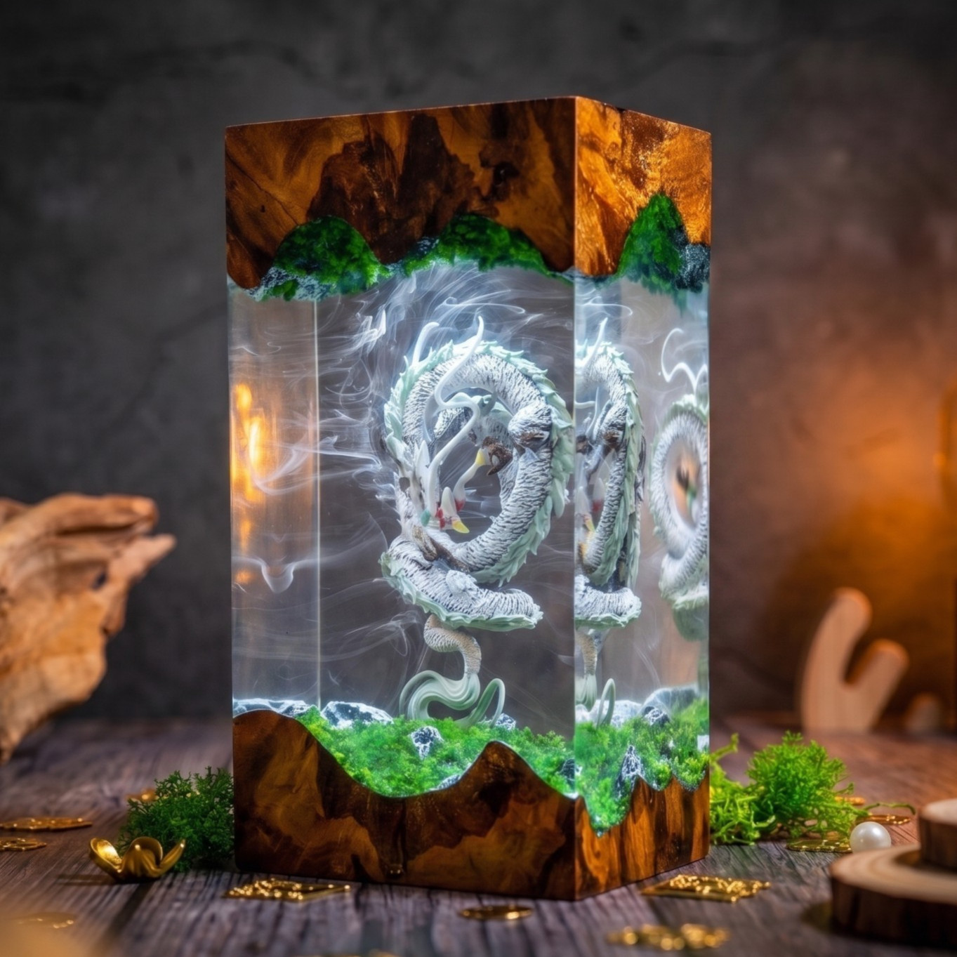 White Spirit Dragon Resin LED Night Light Fantasy Wooden Desk Lamp Decor