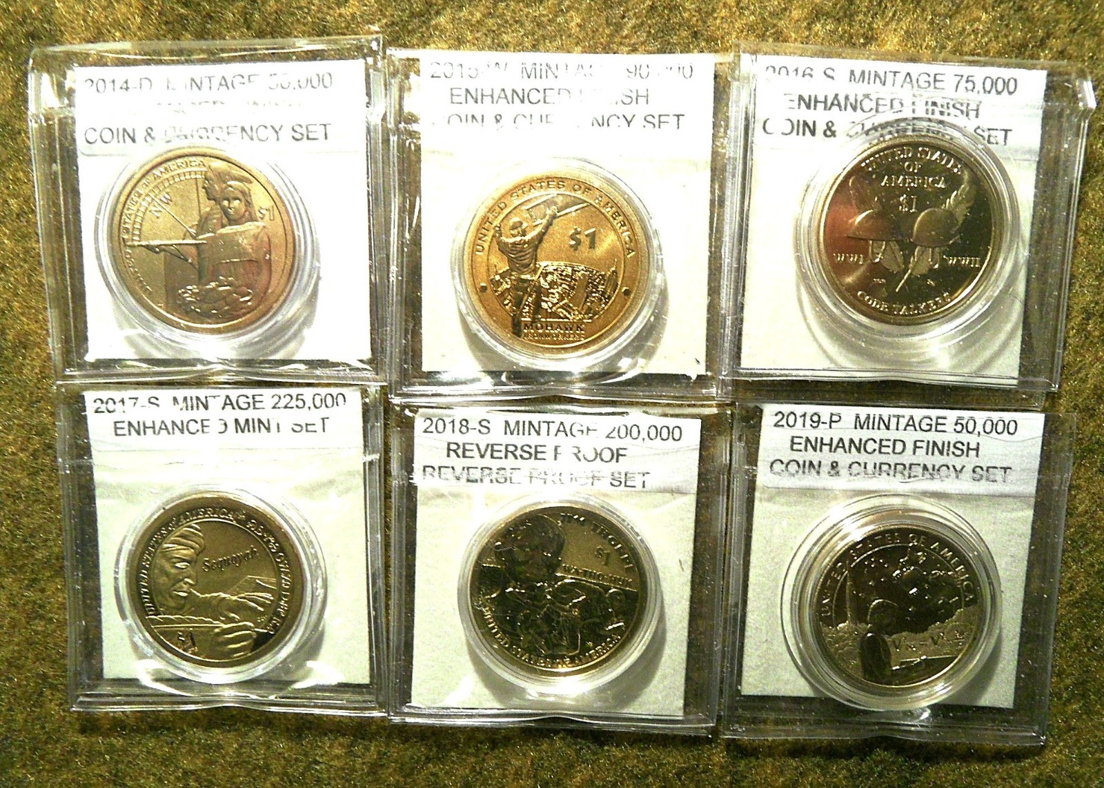 6 COIN SACAGAWEA DOLLAR SET ENHANCED & REVERSE PROOF LOW MINTAGE