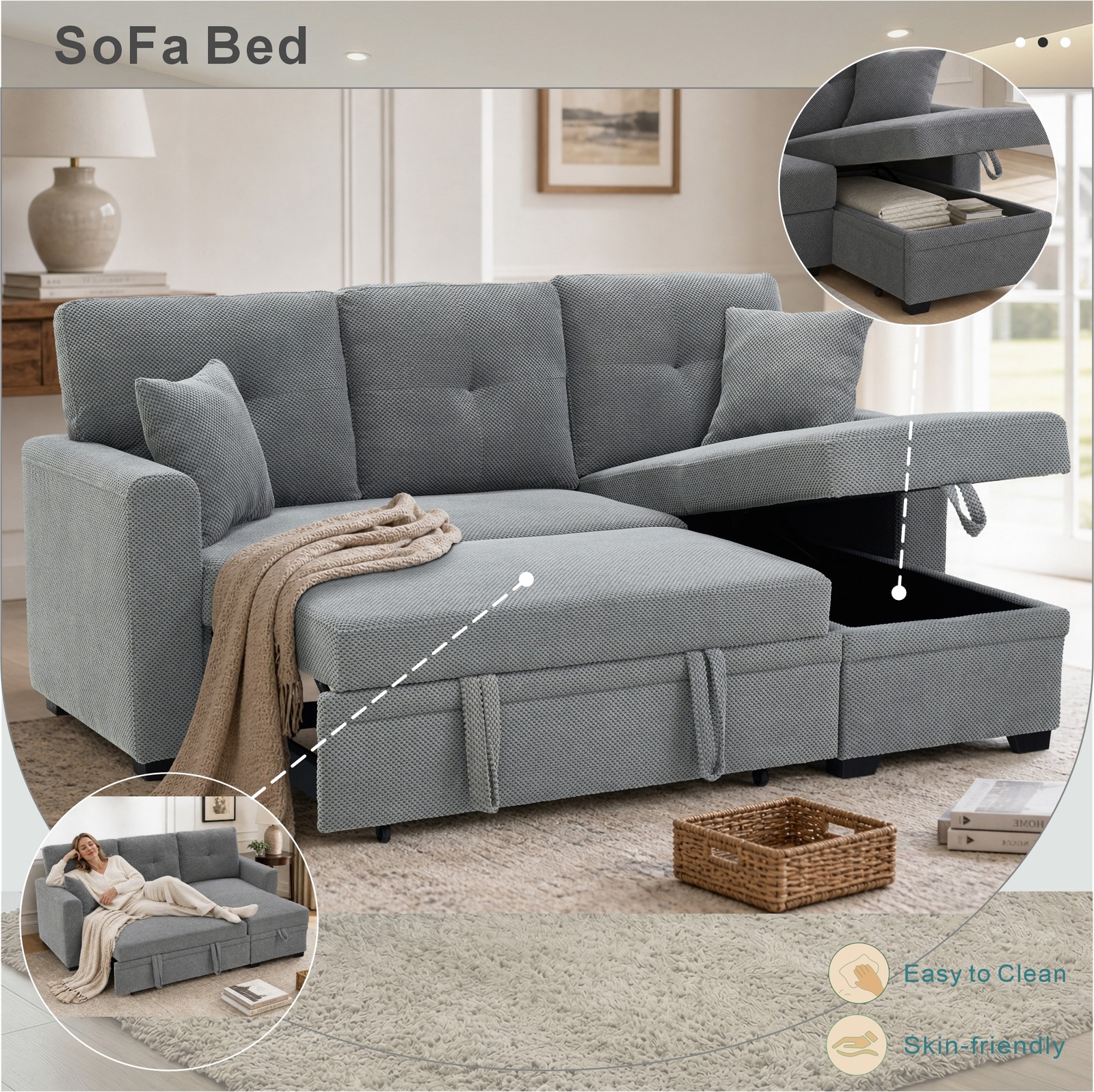 L-Shaped Sofa Sectional Loveseat Couch Convertible Sleeper Sofa w/Pull-Out Bed