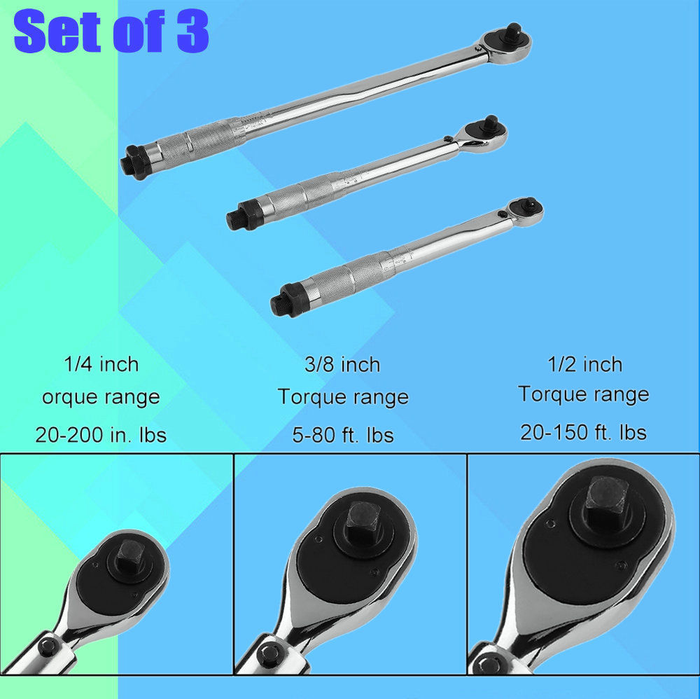 Set of 3- 1/4, 3/8 & 1/2 Drive Click Type Torque Wrench Snap Socket