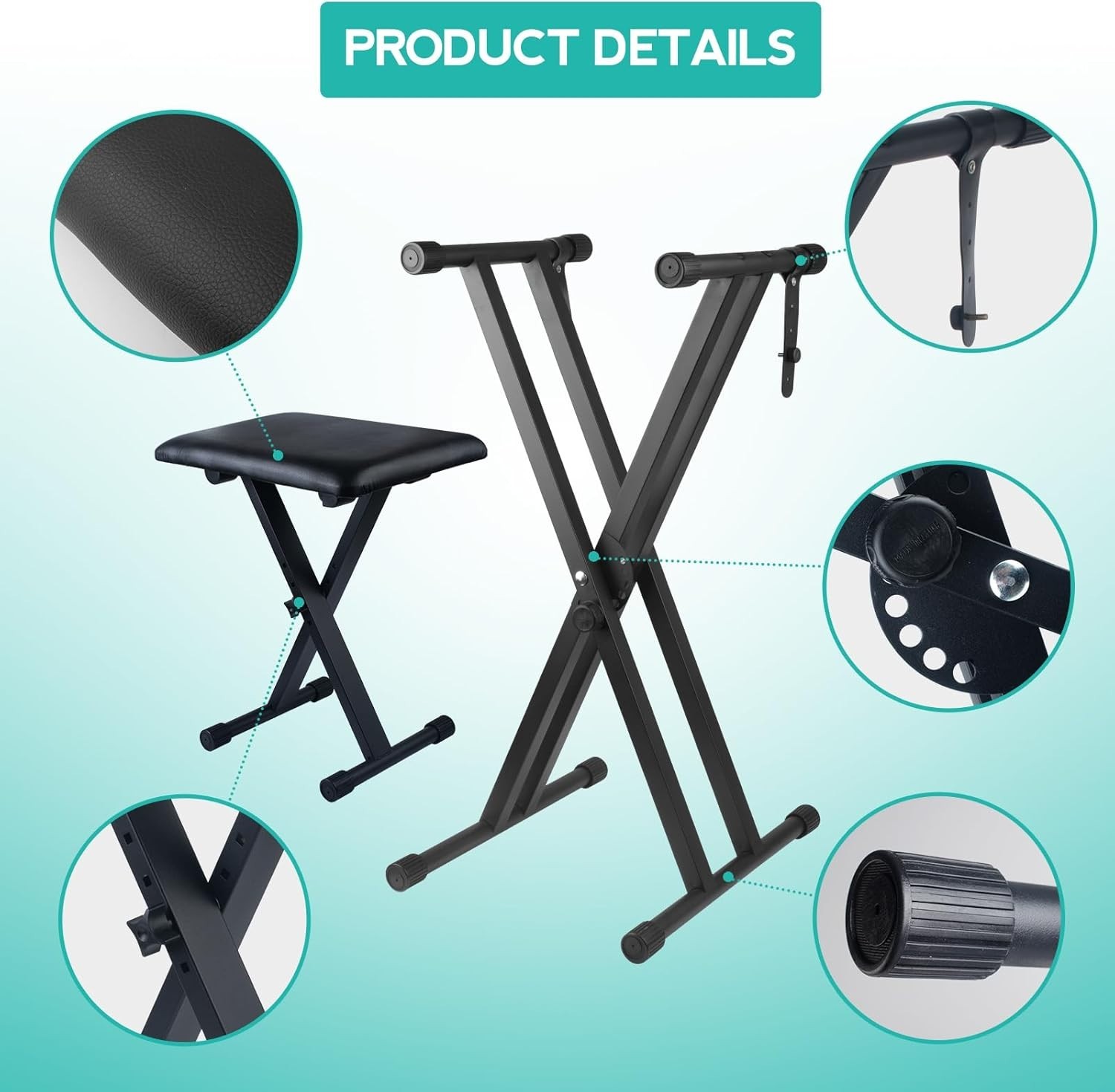 Keyboard Stand & Bench Set Double X Adjustable Piano Stand Black