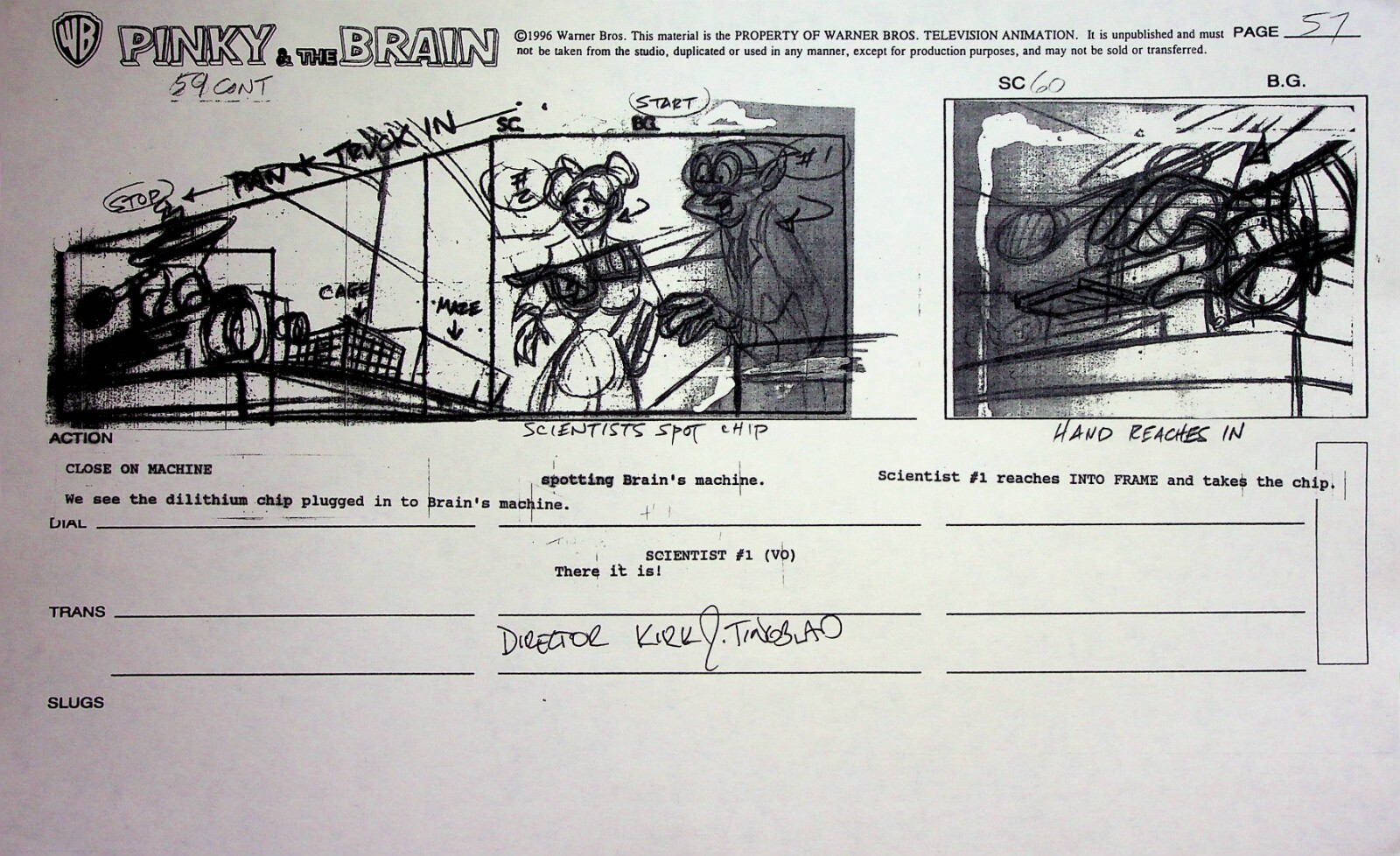 Pinky & The Brain WB 1994 Signed KIRK TINGBLAD  Studio  Storyboard Copy Page #KT