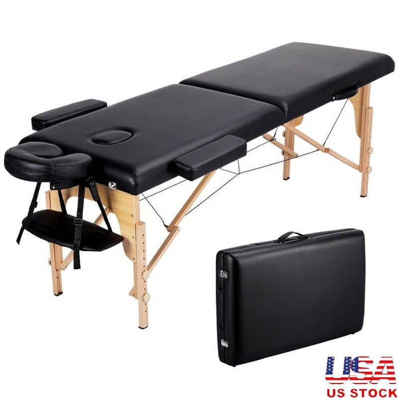 Portable Adjustable Wooden Massage Table Foldable Spa Bed Therapy Couch Black