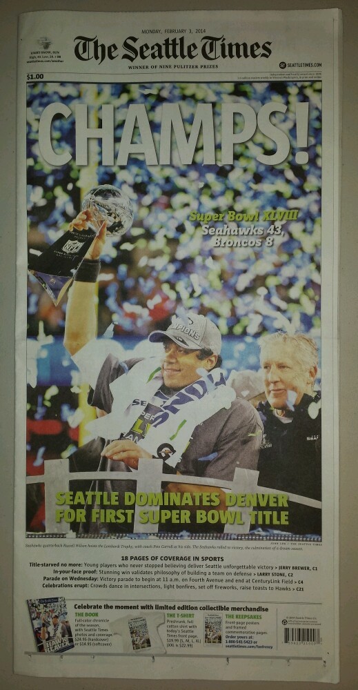 NEW! SEAHAWKS SUPER BOWL CHAMPS! SEATTLE TIMES NEWSPAPER (2/3/14) RUSSELL WILSON