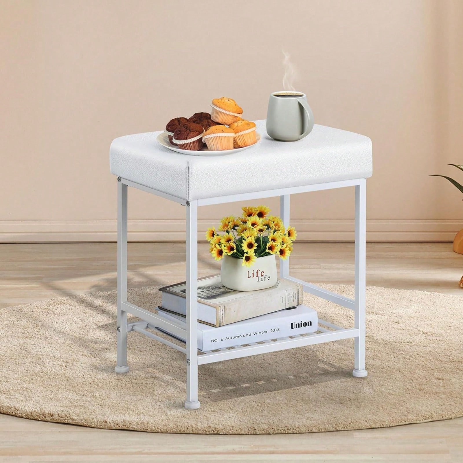 Storage Vanity Stool - Adjustable Square Ottoman With Leather, White